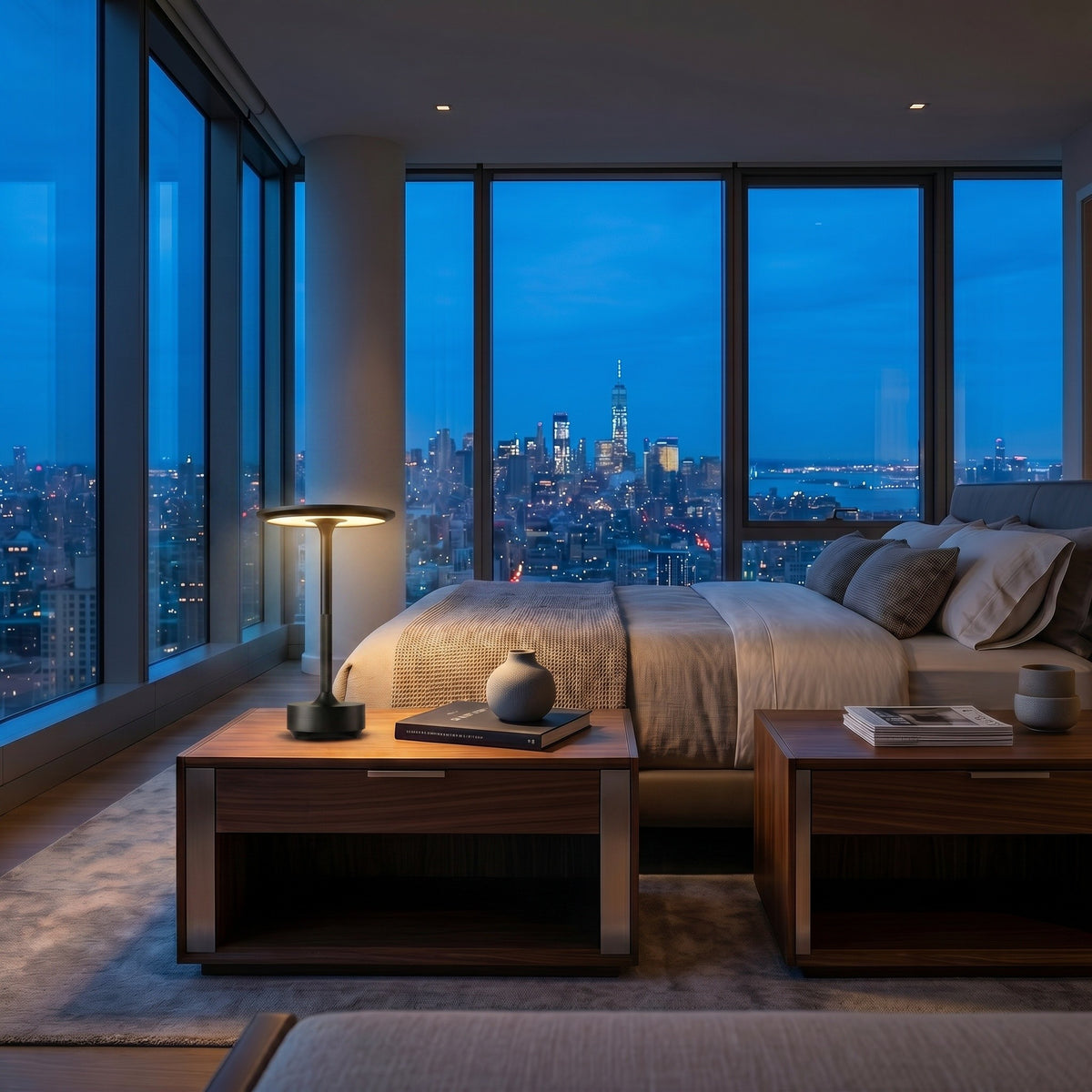Lampe Totem coloris noir, dans un penthouse new-yorkais au crépuscule, allumée