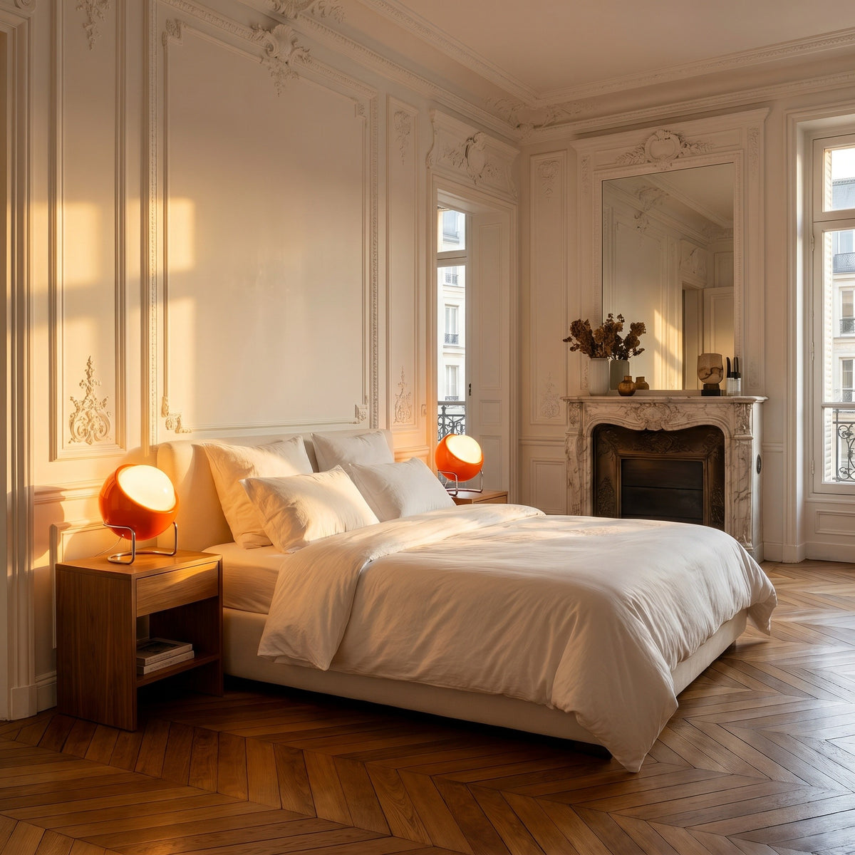 Lampe Orbe, dans un appartement haussmannien, allumée