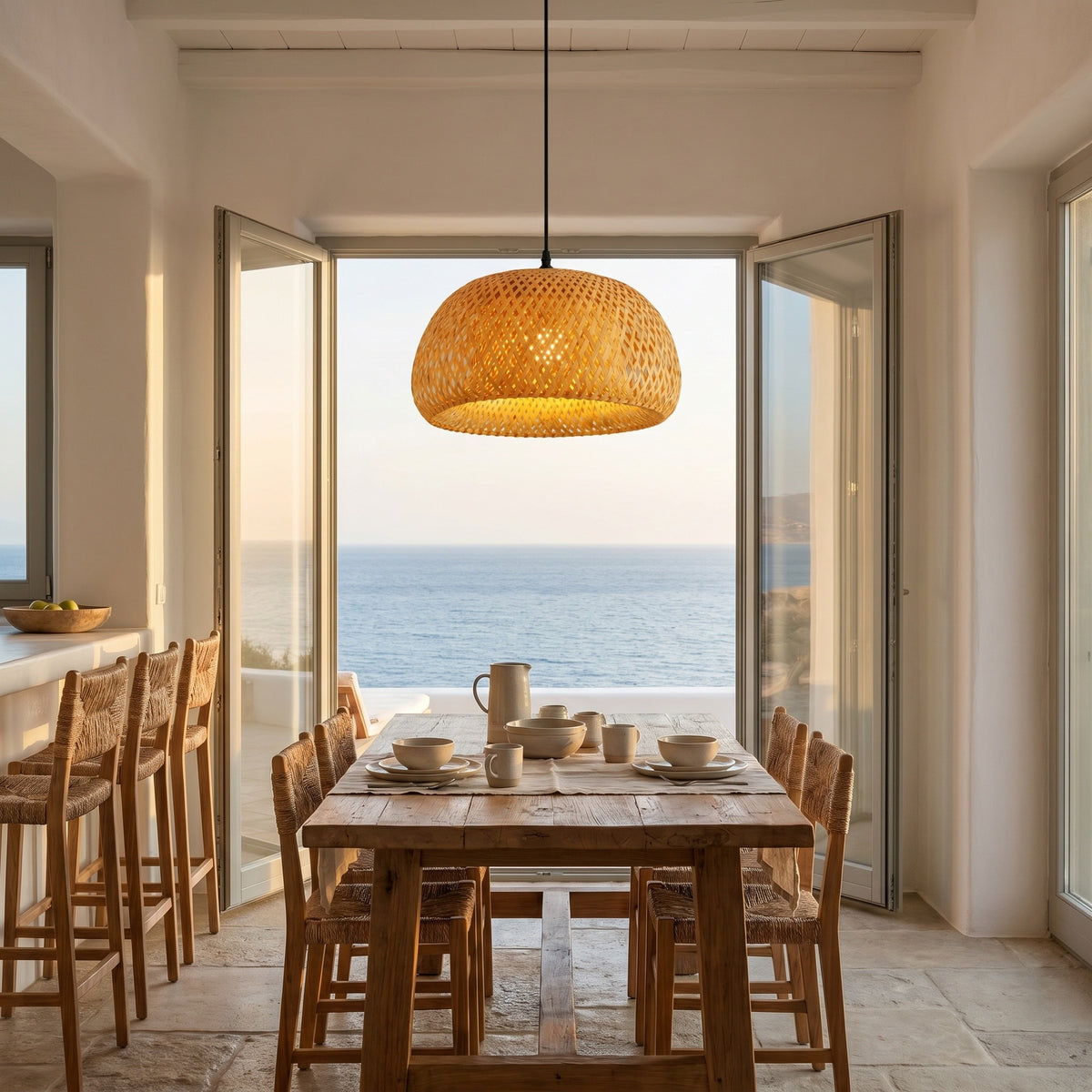 Lustre Ruche coloris modèle a, dans une villa avec vue sur la mer, allumée