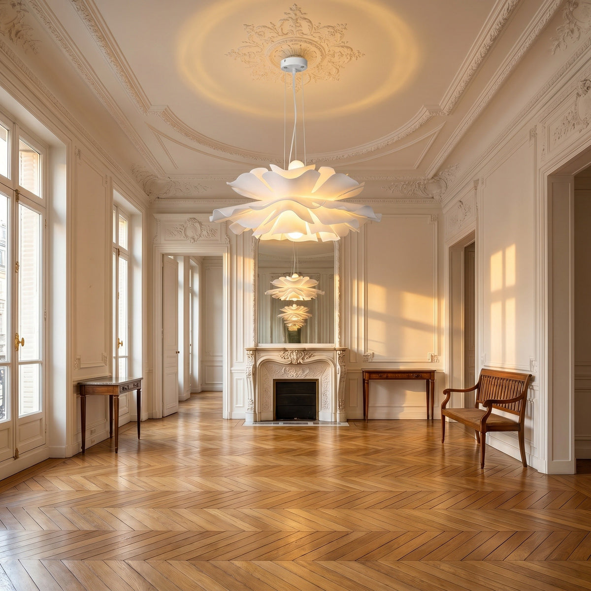 Lustre Dahlia, dans un appartement haussmannien, allumée