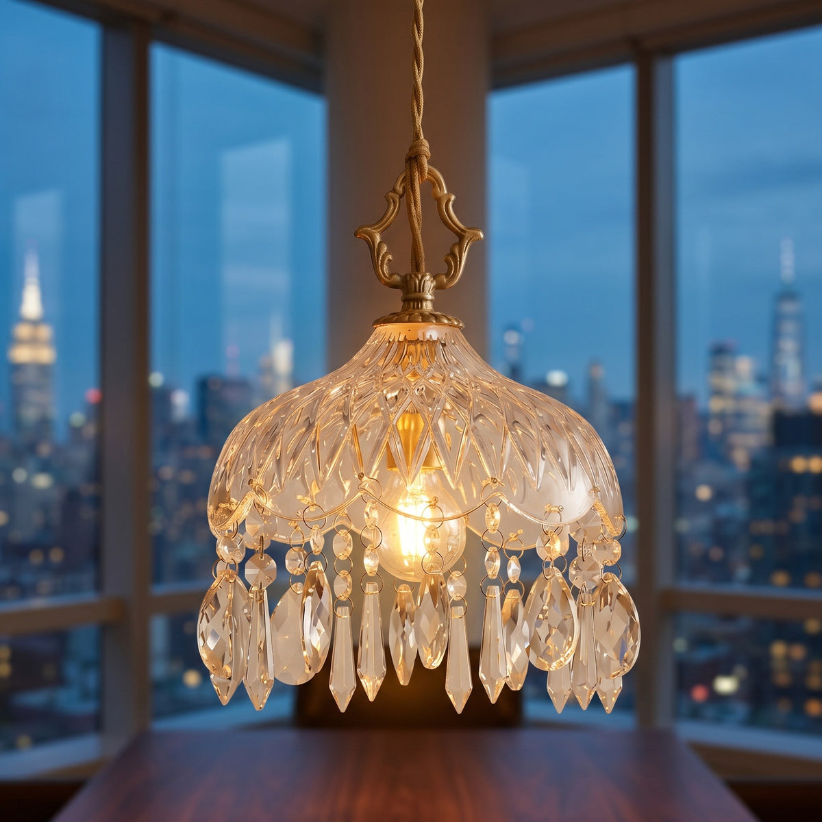 Lustre Clochette, dans un penthouse new-yorkais au crépuscule, allumée