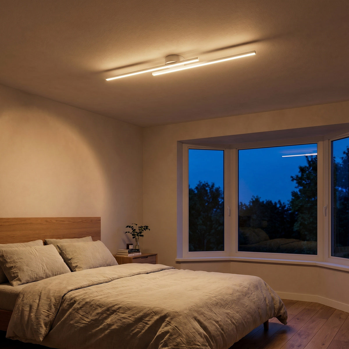 Plafonnier Sillage coloris blanc, à la tombée de la nuit, cosy, allumée