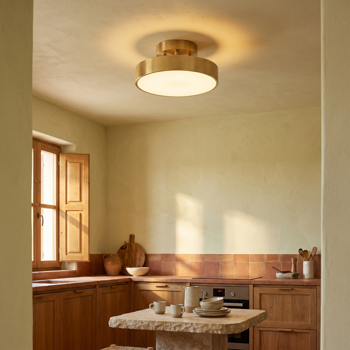 Plafonnier Médaille, dans une villa méditerranéenne, allumée