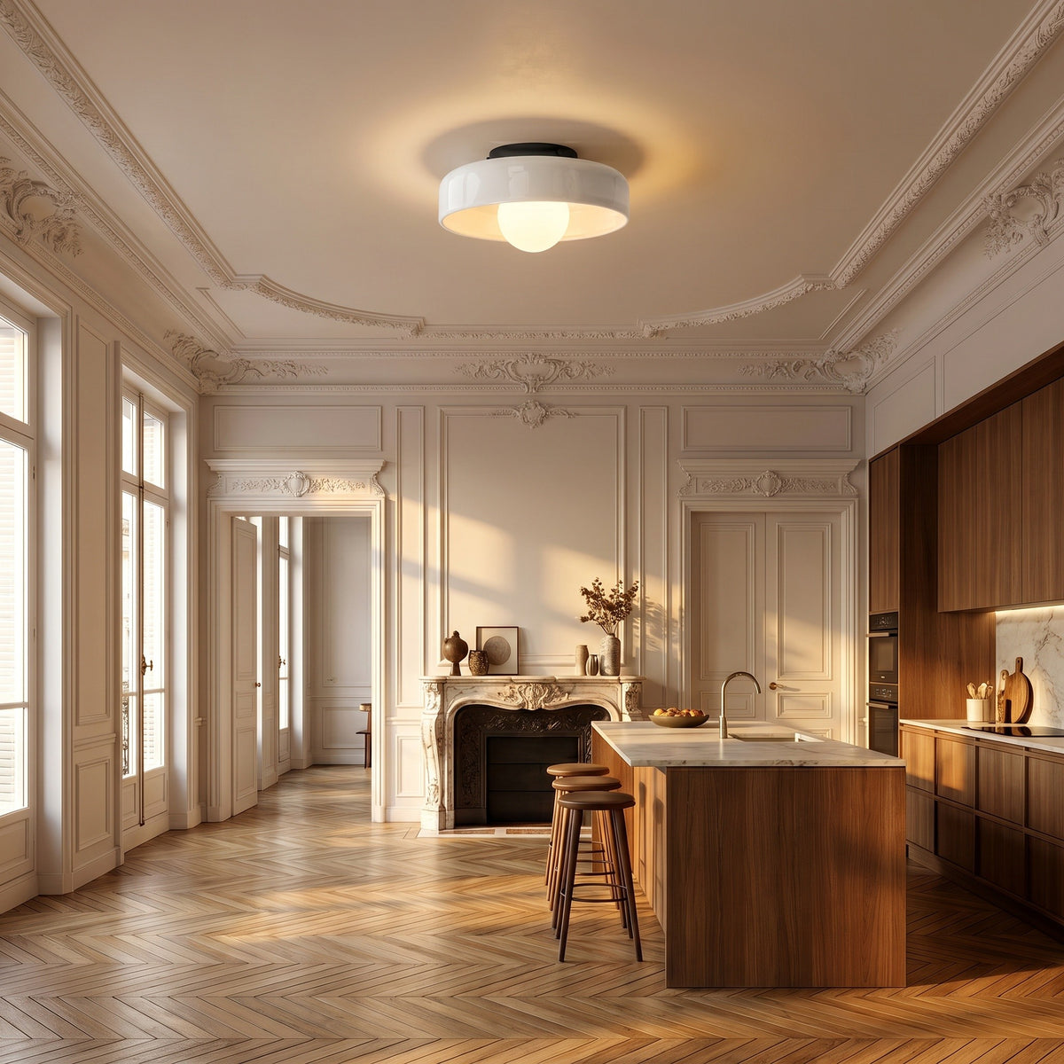 Plafonnier Tambour coloris blanc, dans un appartement haussmannien, allumée