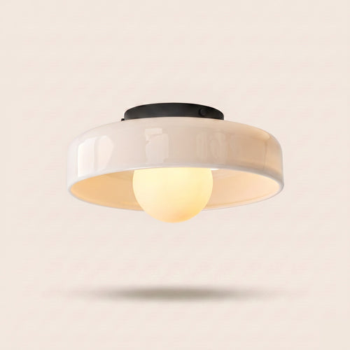 Plafonnier Tambour vintage allumé, lumière chaude