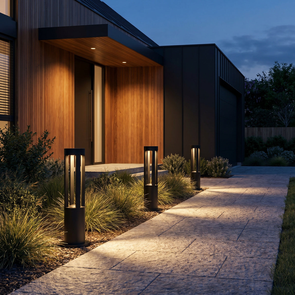 Borne extérieure LED IP65 aluminium, à l'extérieur au crépuscule, allumée