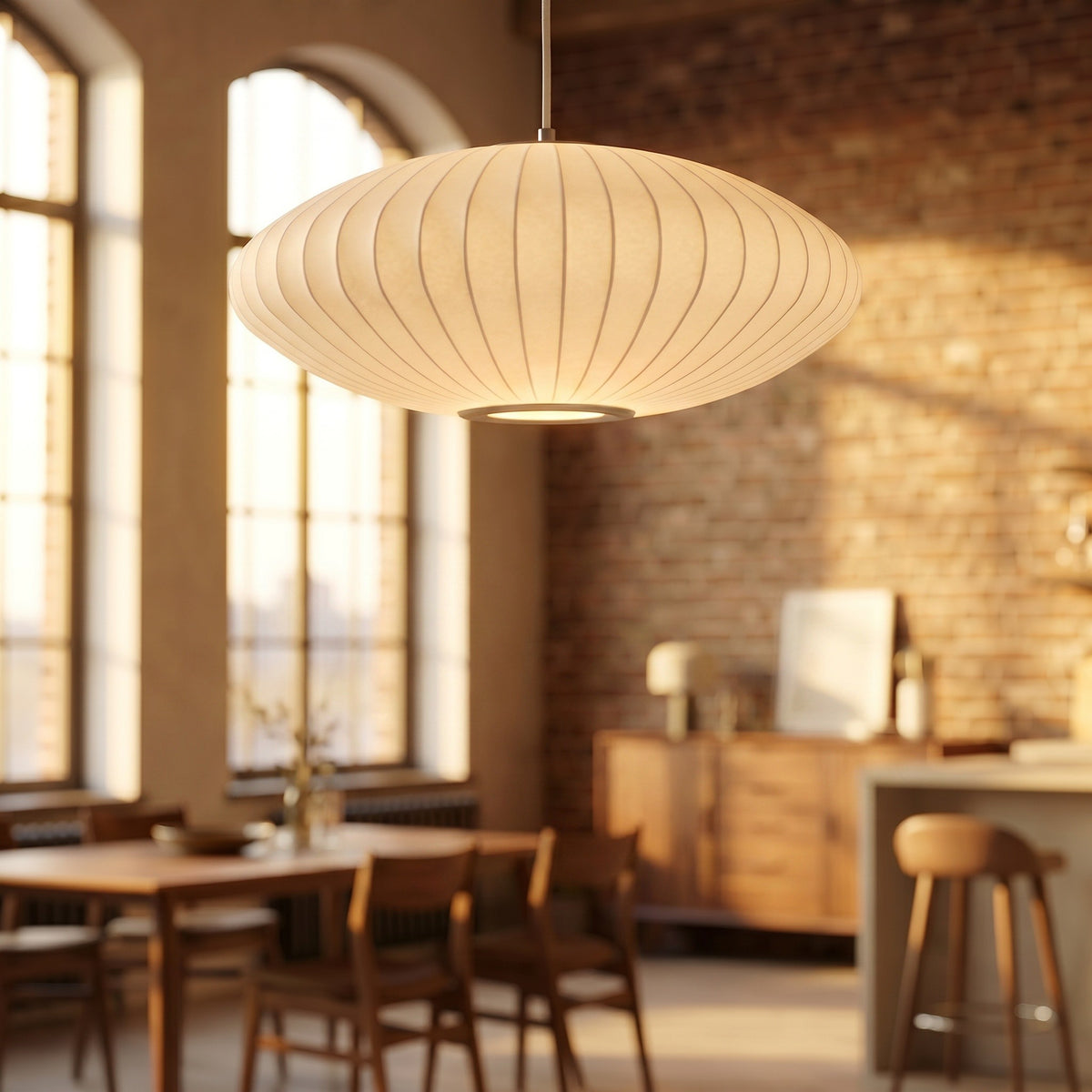 Suspension Opale, dans un loft de brique élégant, allumée