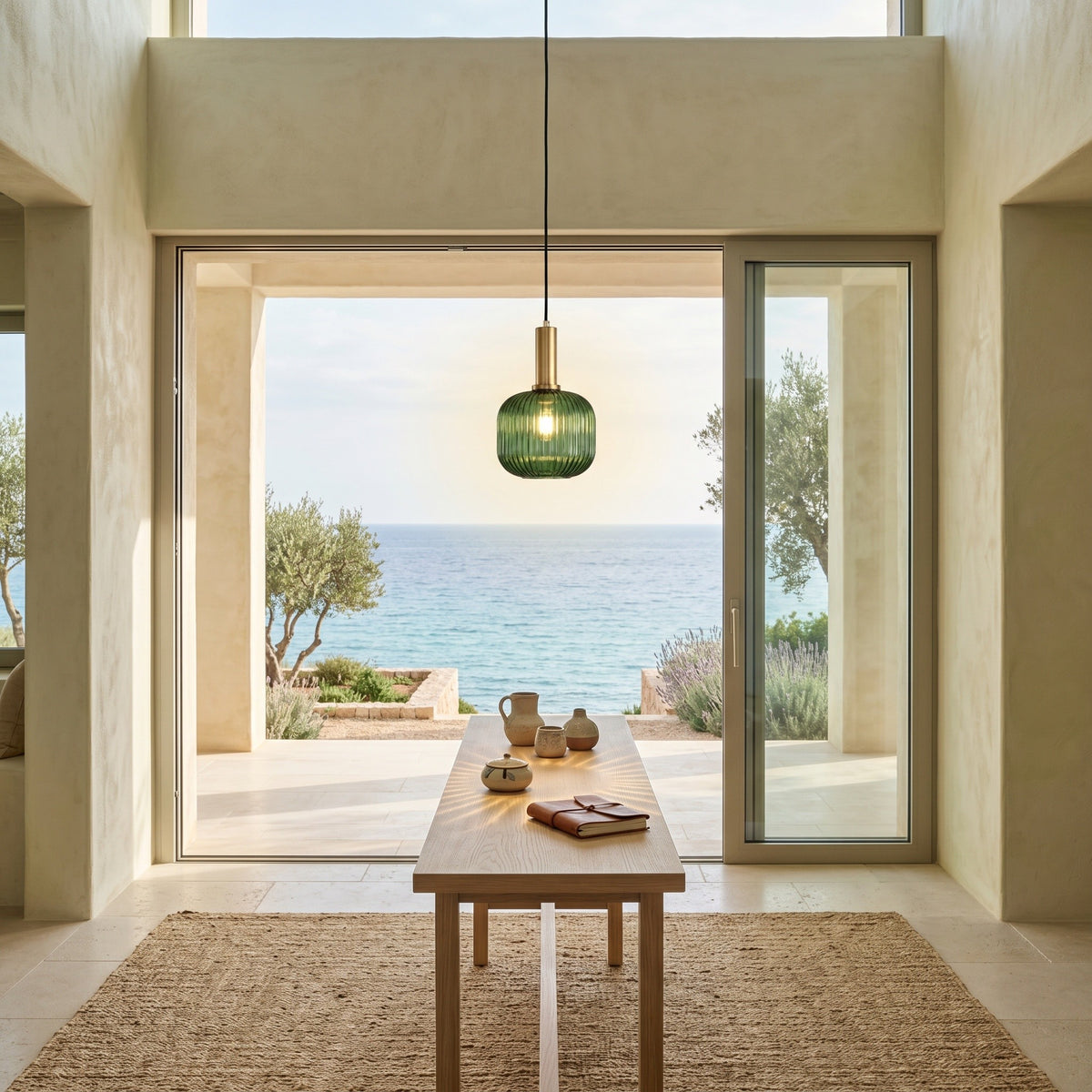 Suspension Gemme coloris modèle b, dans une villa avec vue sur la mer, allumée