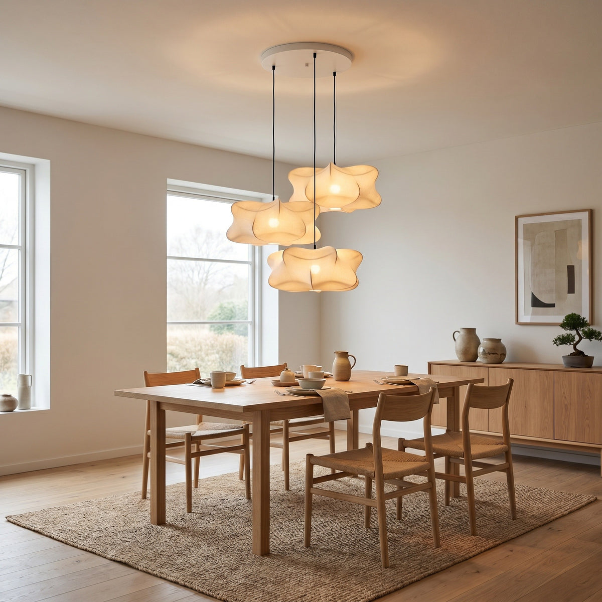 Suspension Pivoine, dans un intérieur lumineux, allumée