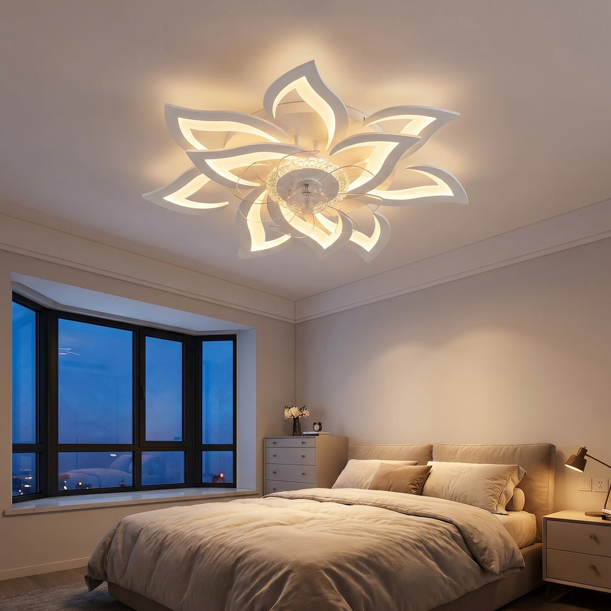 Ventilateur de plafond fleur LED, pales rétractables, à la tombée de la nuit, cosy, allumée