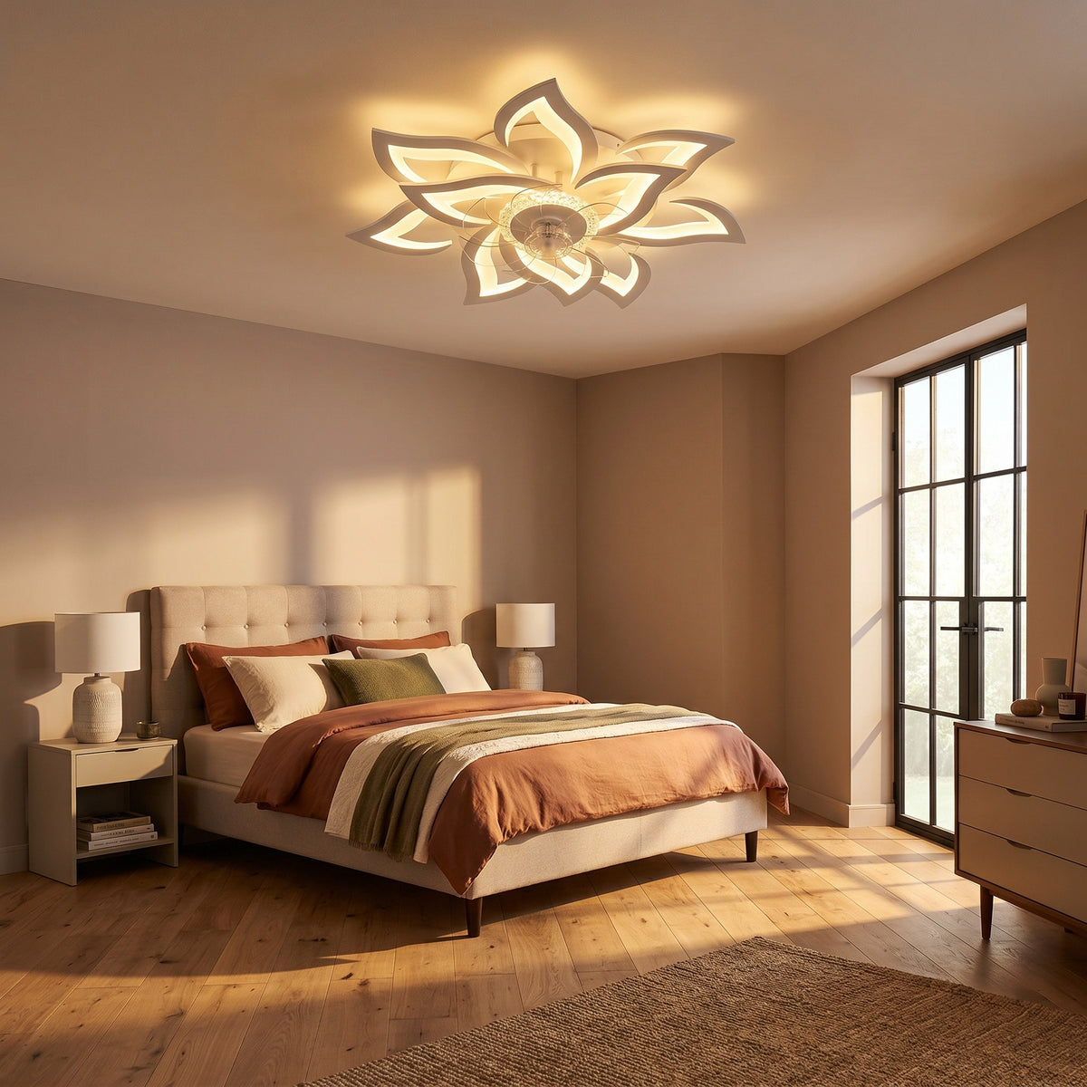 Ventilateur de plafond fleur LED, pales rétractables, à l'heure dorée, allumée