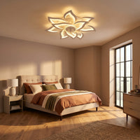 Ventilateur de plafond fleur LED, pales rétractables, à l'heure dorée, allumée