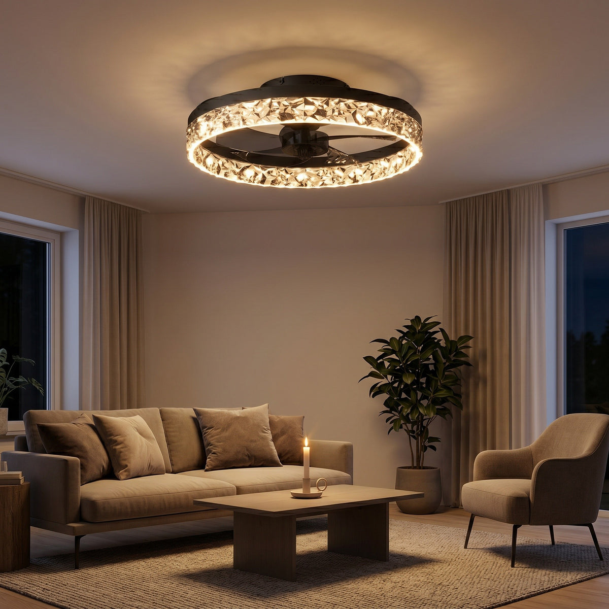 Ventilateur de plafond compact LED cristal coloris noir, à la bougie le soir, allumée